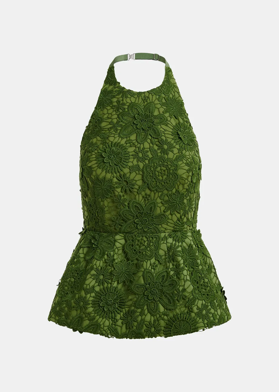 Groene peplumtop in bloemenkant met halternek