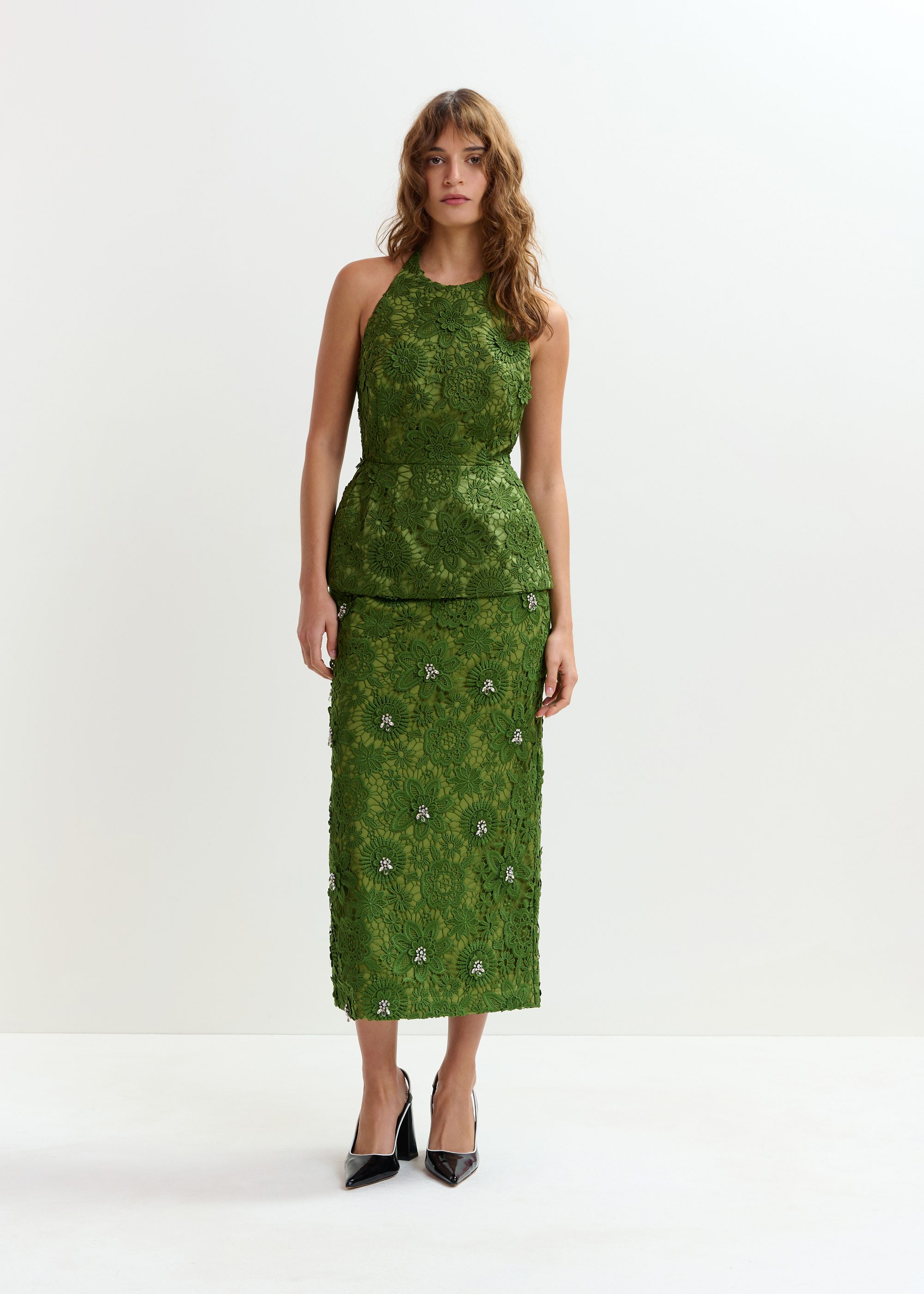 Green floral lace halter peplum top | Essentiel Antwerp United States