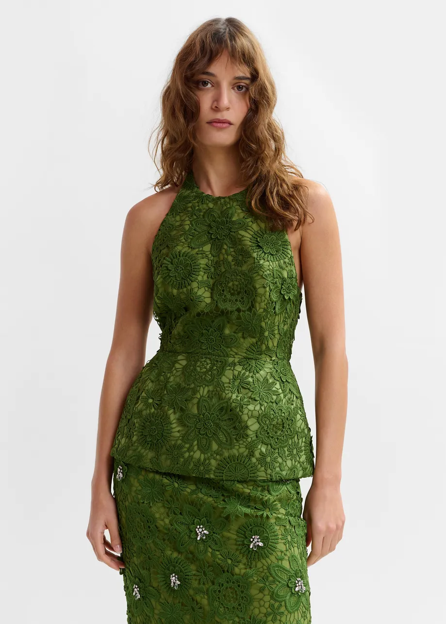 Top halter con peplum de encaje floral, verde