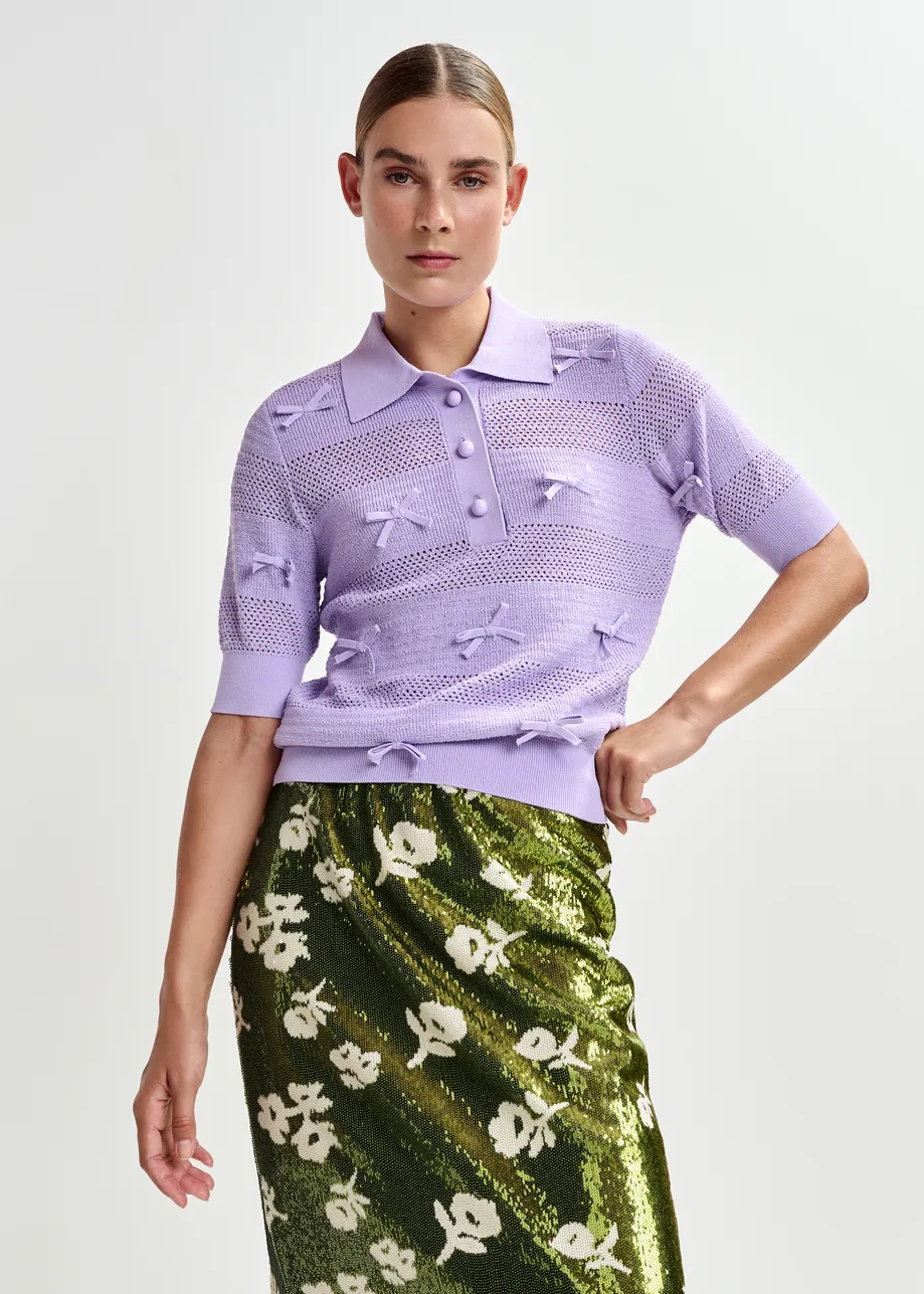 Purple bow-embellished knit polo