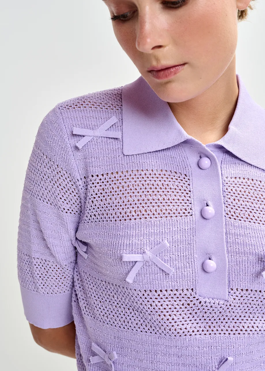Purple bow-embellished knit polo