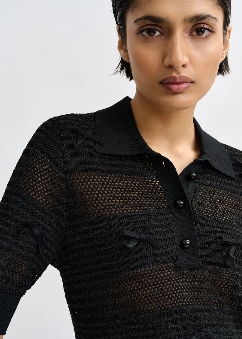 Black bow-embellished knit polo