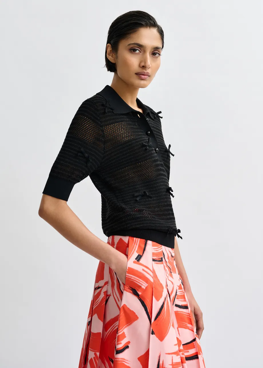 Black bow-embellished knit polo