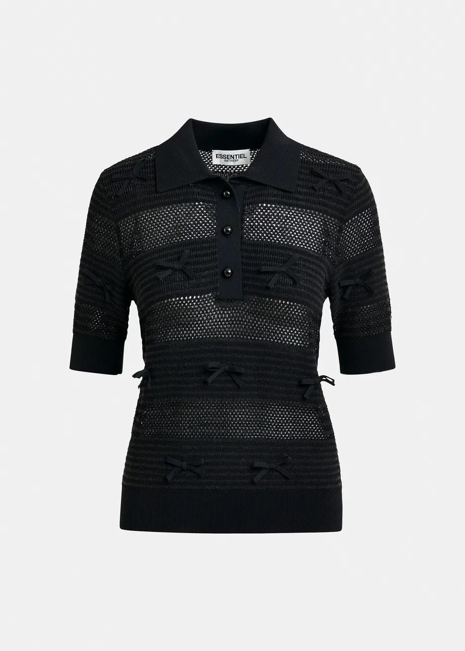 Black bow-embellished knit polo