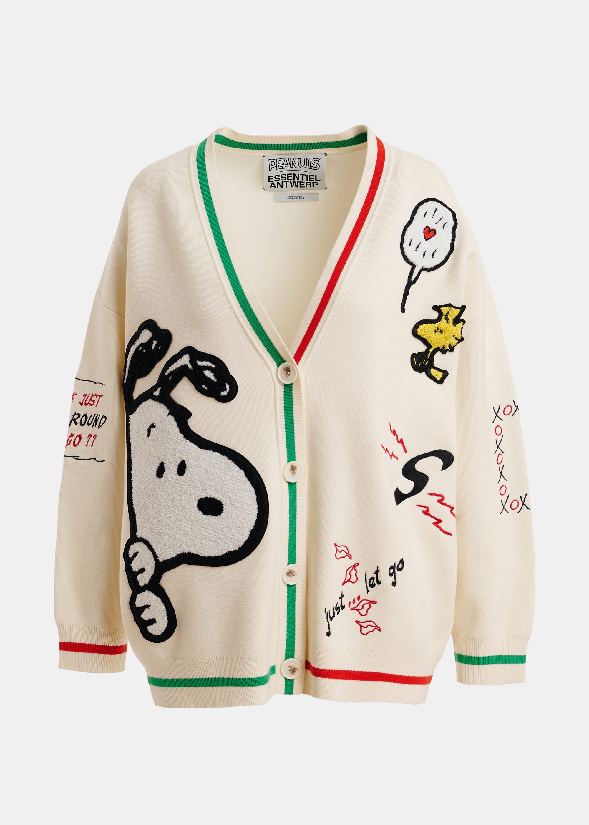 Off-white knit cardigan with multicolored Peanuts™ Snoopy and