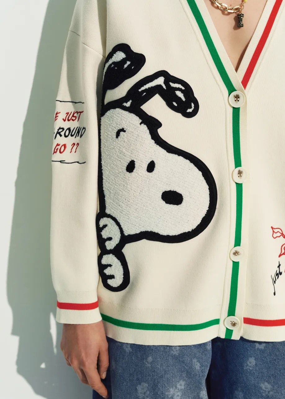 Off-white knit cardigan with multicolored Peanuts™ Snoopy and Woodstock patches