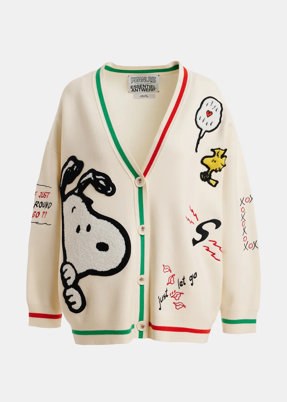 Off-white knit cardigan with multicolored Peanuts™ Snoopy and Woodstock patches
