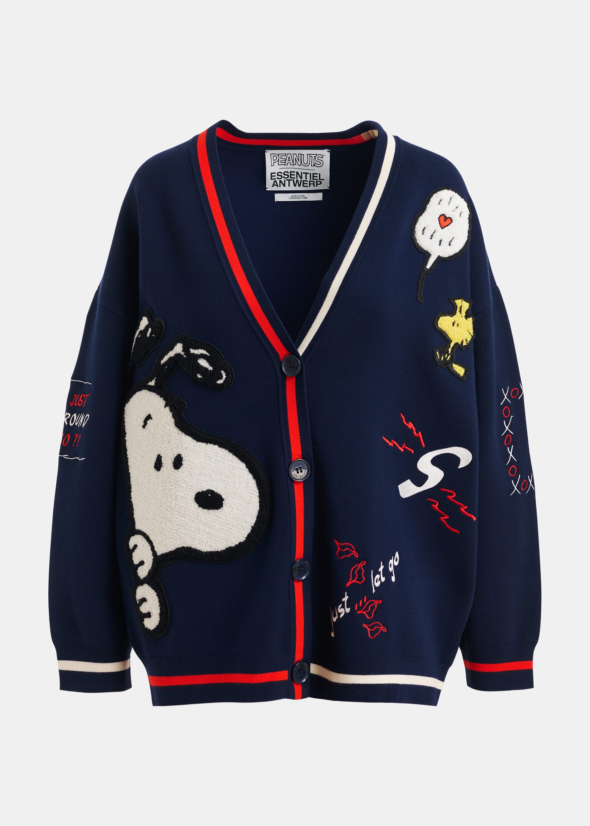 Navy knit cardigan with multicolored Peanuts™ Snoopy and Woodstock