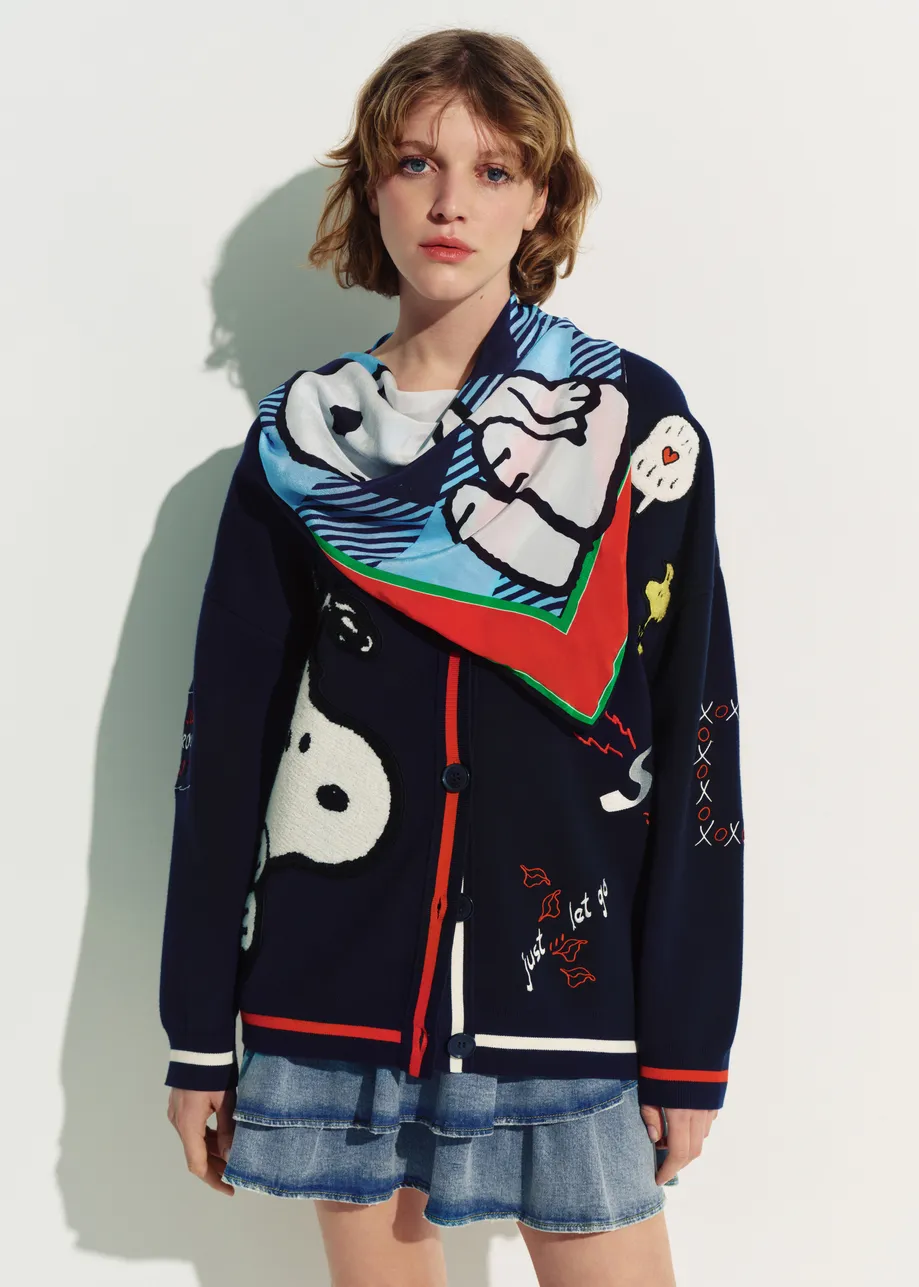 Navy knit cardigan with multicolored Peanuts™ Snoopy and Woodstock patches