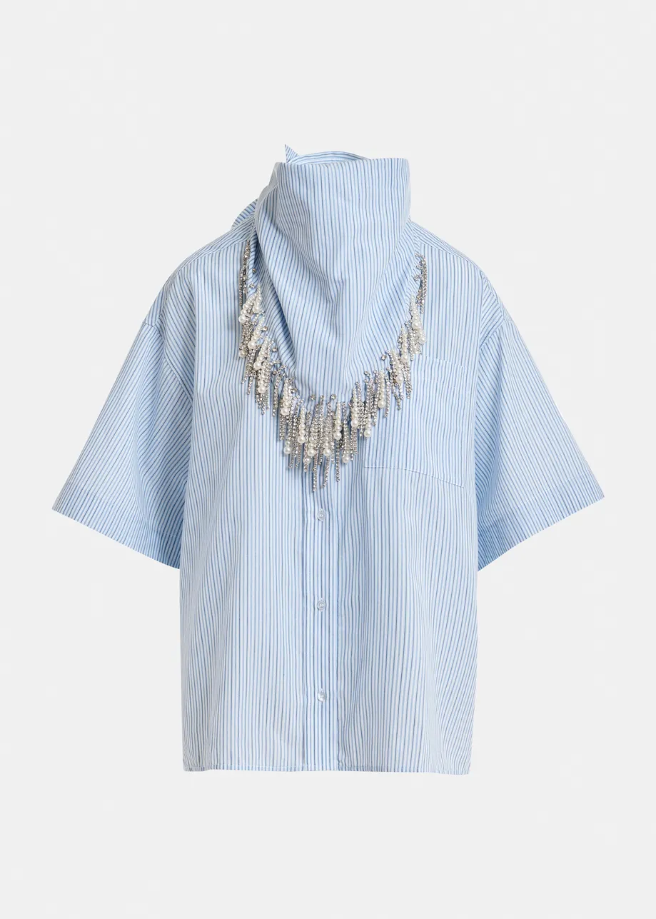 Blue striped cotton shirt with embroidered detail and separate scarf