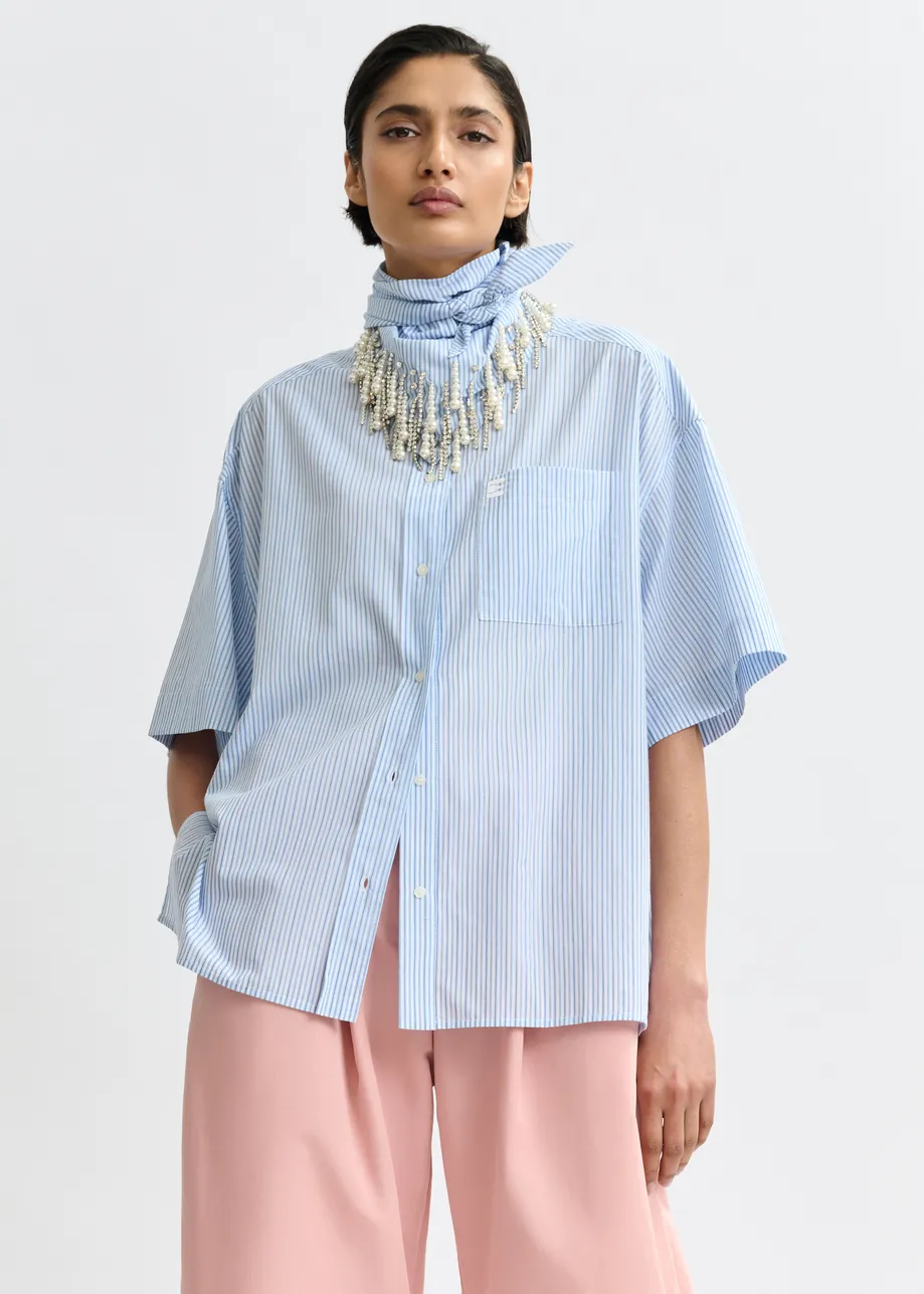 Blue striped cotton shirt with embroidered detail and separate scarf