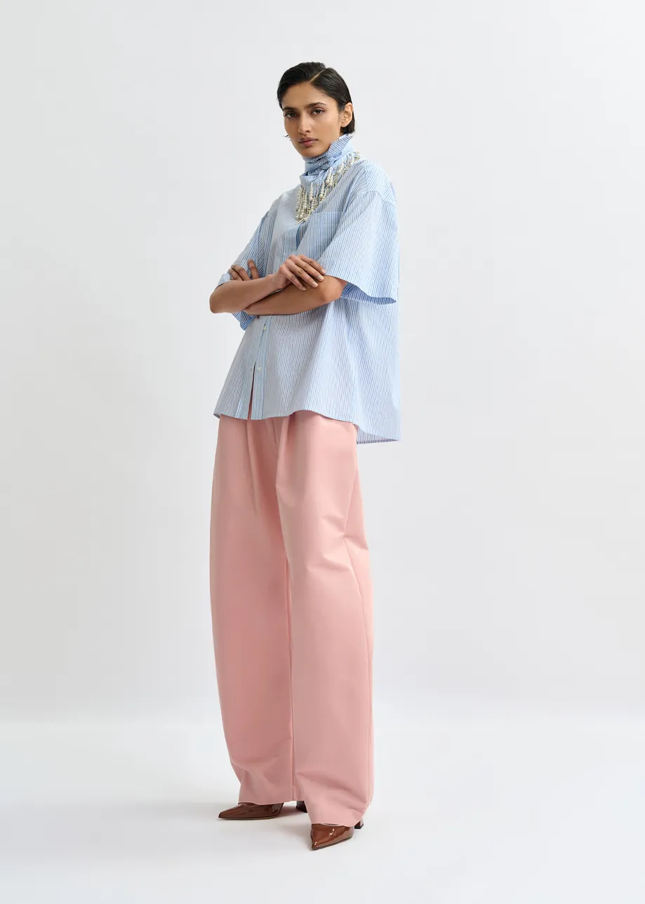 Blue striped cotton shirt with embroidered detail and separate scarf