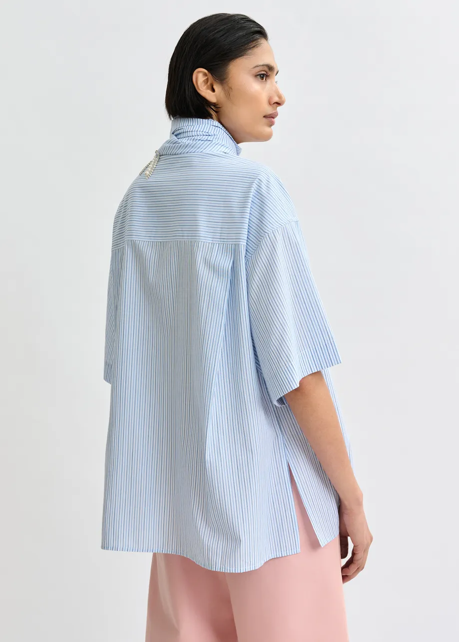 Blue striped cotton shirt with embroidered detail and separate scarf