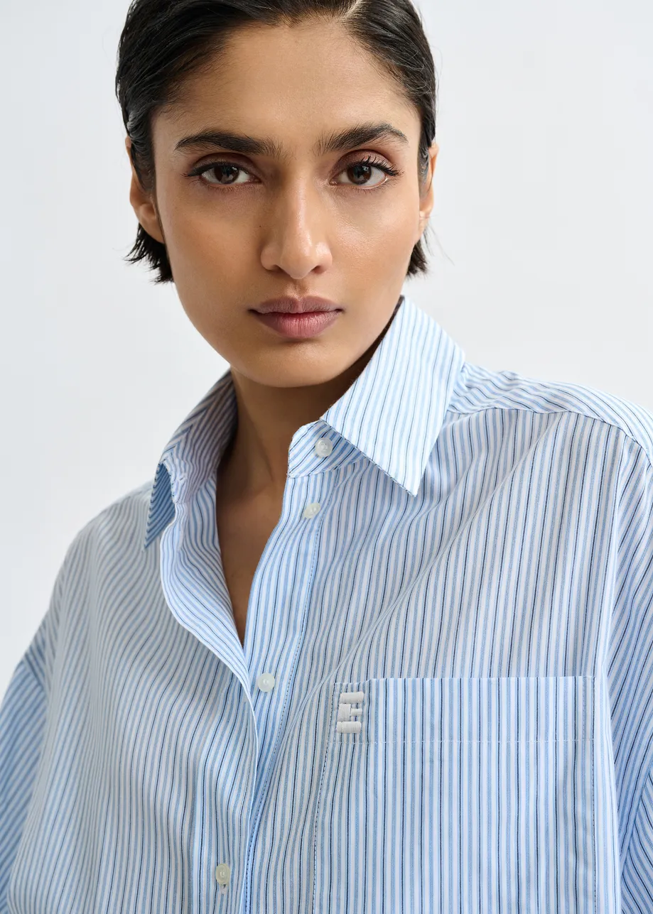 Blue striped cotton shirt with embroidered detail and separate scarf