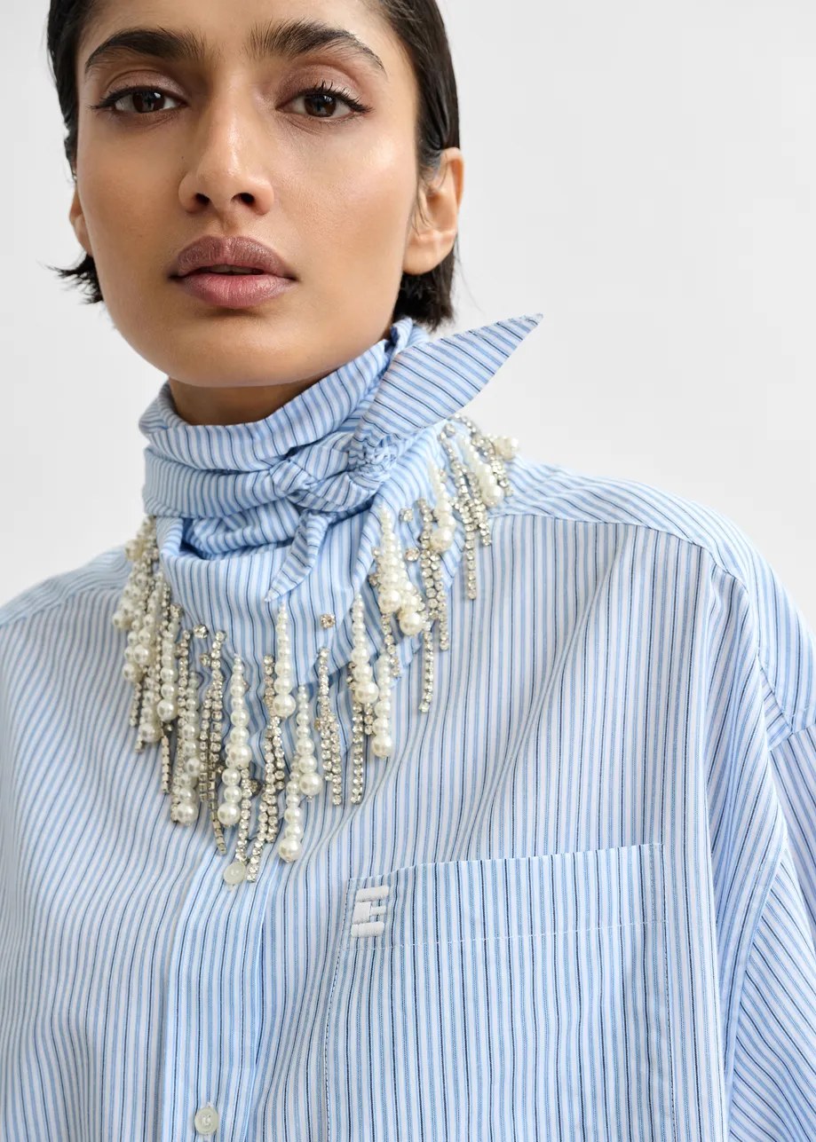 Blue striped cotton shirt with embroidered detail and separate scarf