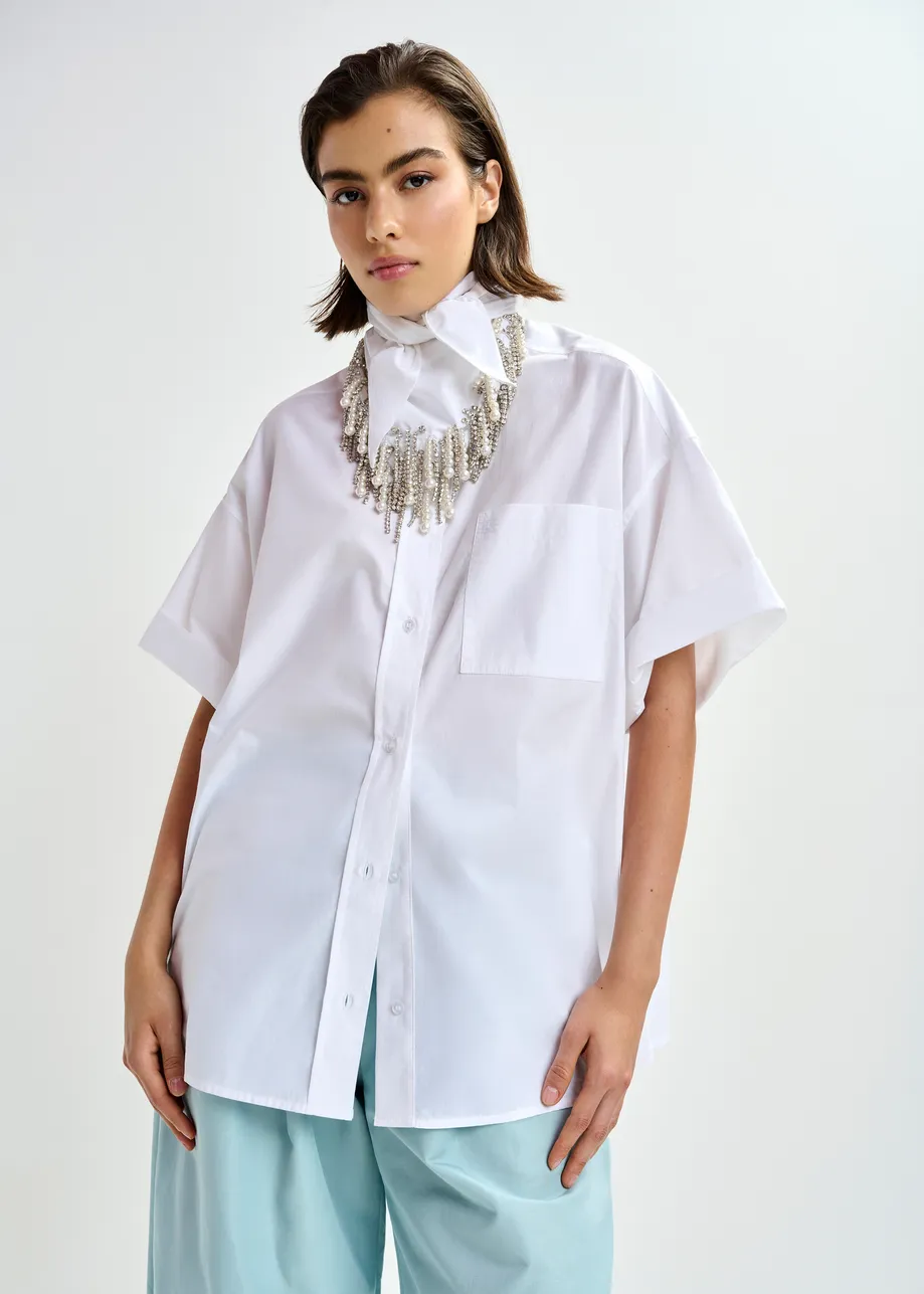 White striped cotton shirt with embroidered detail and separate scarf