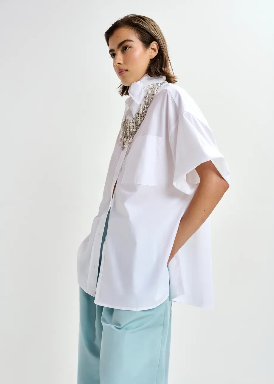 White striped cotton shirt with embroidered detail and separate scarf