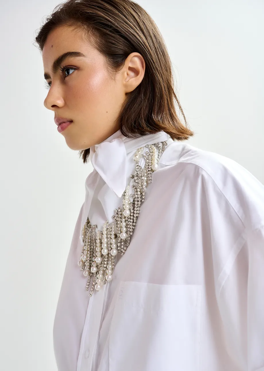 White striped cotton shirt with embroidered detail and separate scarf