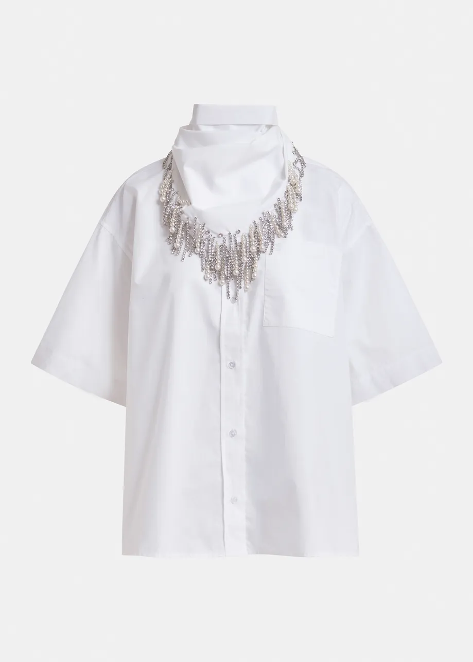 White striped cotton shirt with embroidered detail and separate scarf