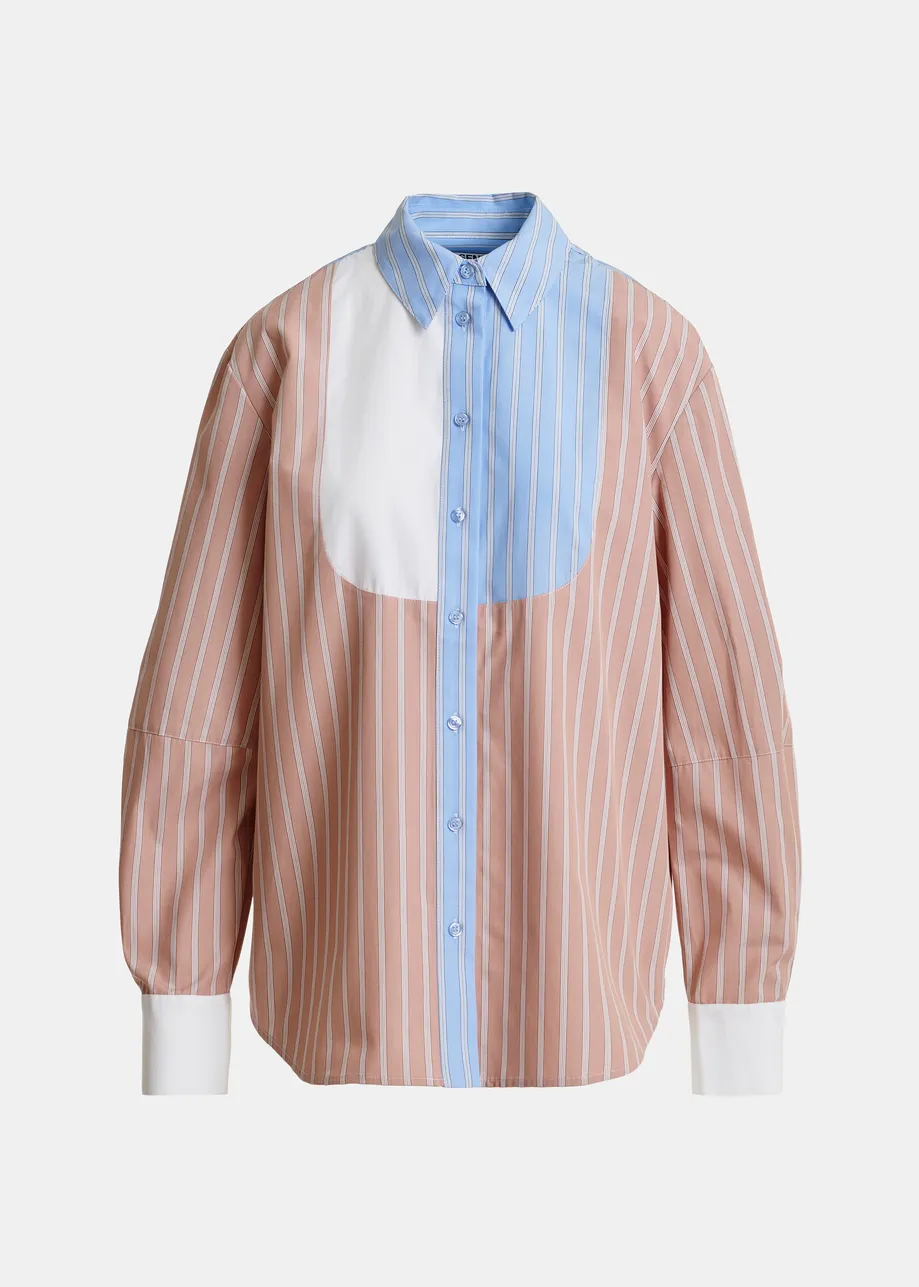 Camicia oversize in cotone a righe color cammello, azzurro e bianco con inserto a contrasto