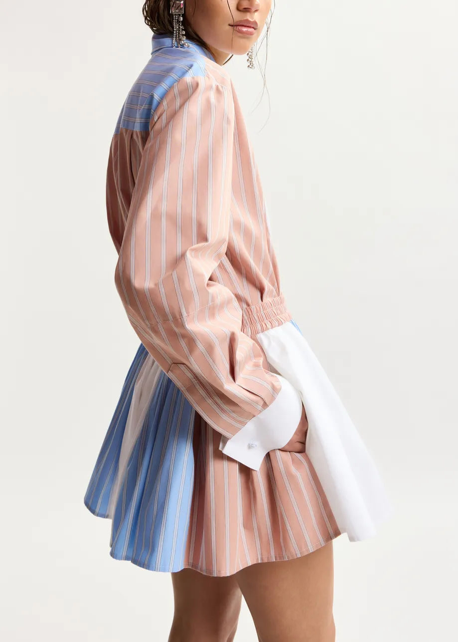 Camel, light blue and white oversized striped cotton shirt with contrast panel