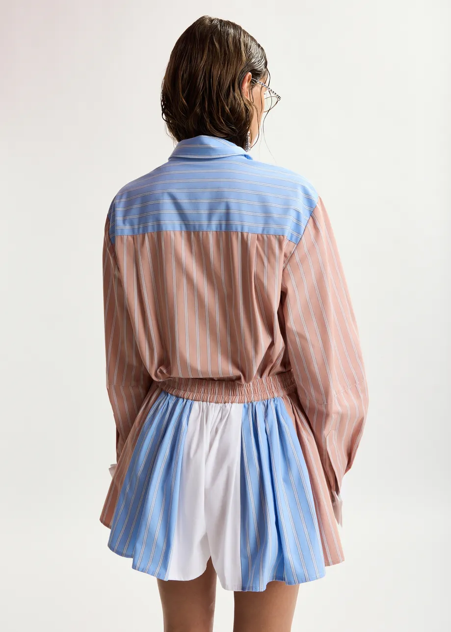 Camel, light blue and white oversized striped cotton shirt with contrast panel