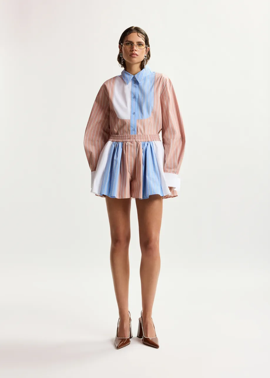 Camel, light blue and white oversized striped cotton shirt with contrast panel