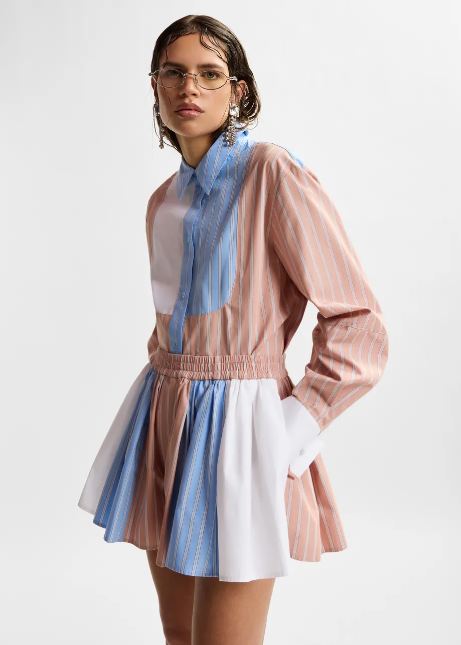 Camel, light blue and white oversized striped cotton shirt with contrast panel