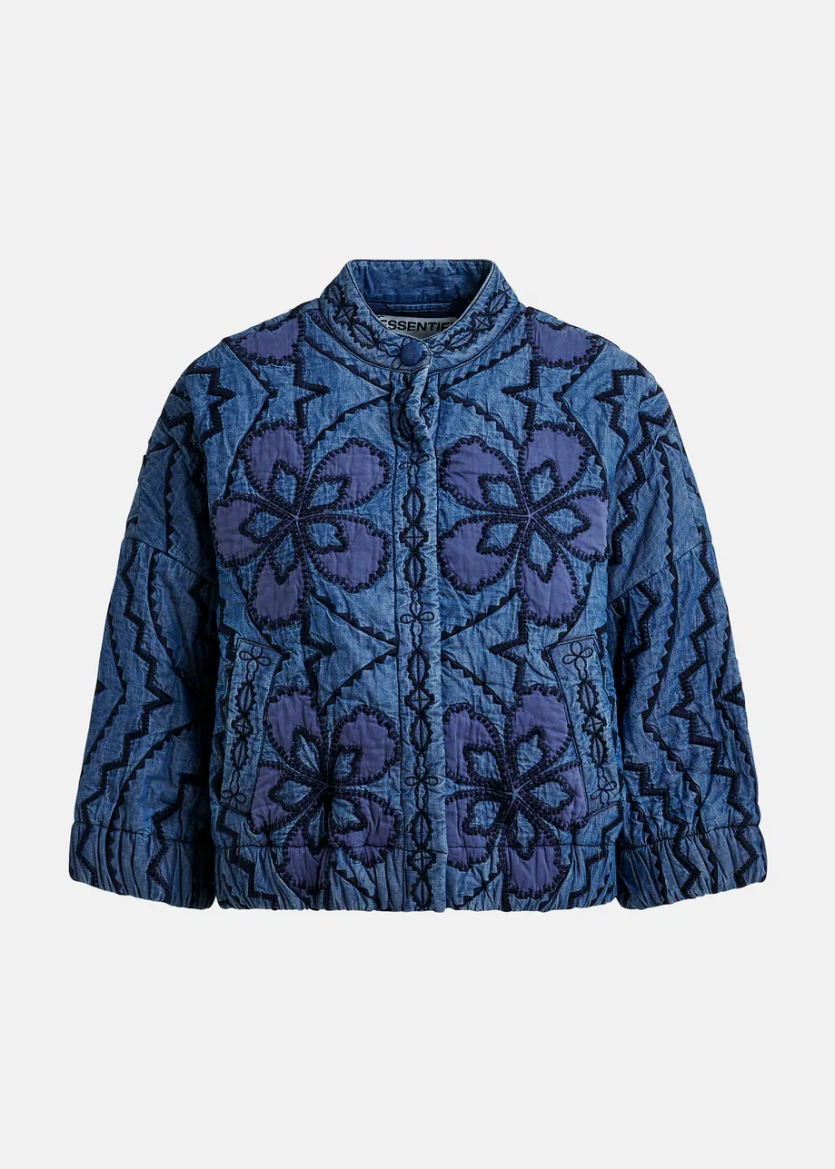 Blue quilted embroidered cropped denim jacket