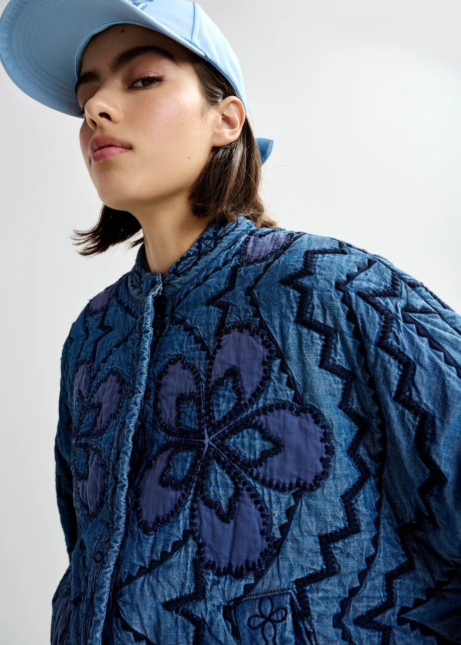 Blue quilted embroidered cropped denim jacket