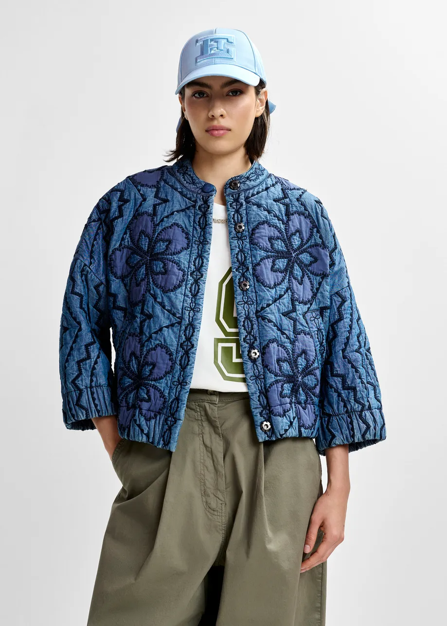 Blue quilted embroidered cropped denim jacket