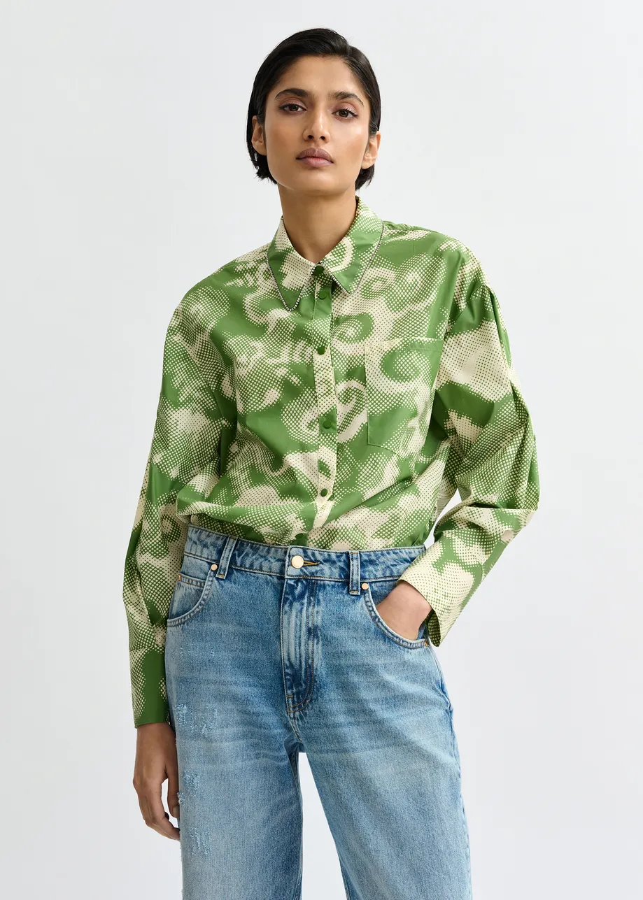 Green and cream floral-print oversized shirt