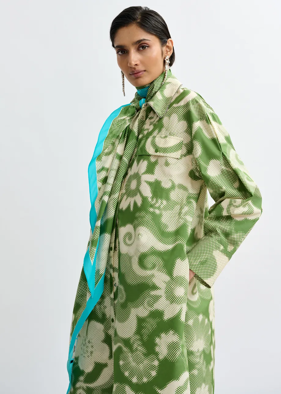 Groene en crèmekleurig katoenmix hemdjurk met bloemenprint