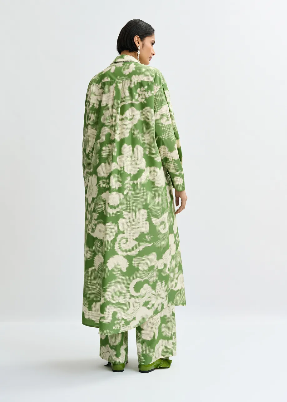 Groene en crèmekleurig katoenmix hemdjurk met bloemenprint