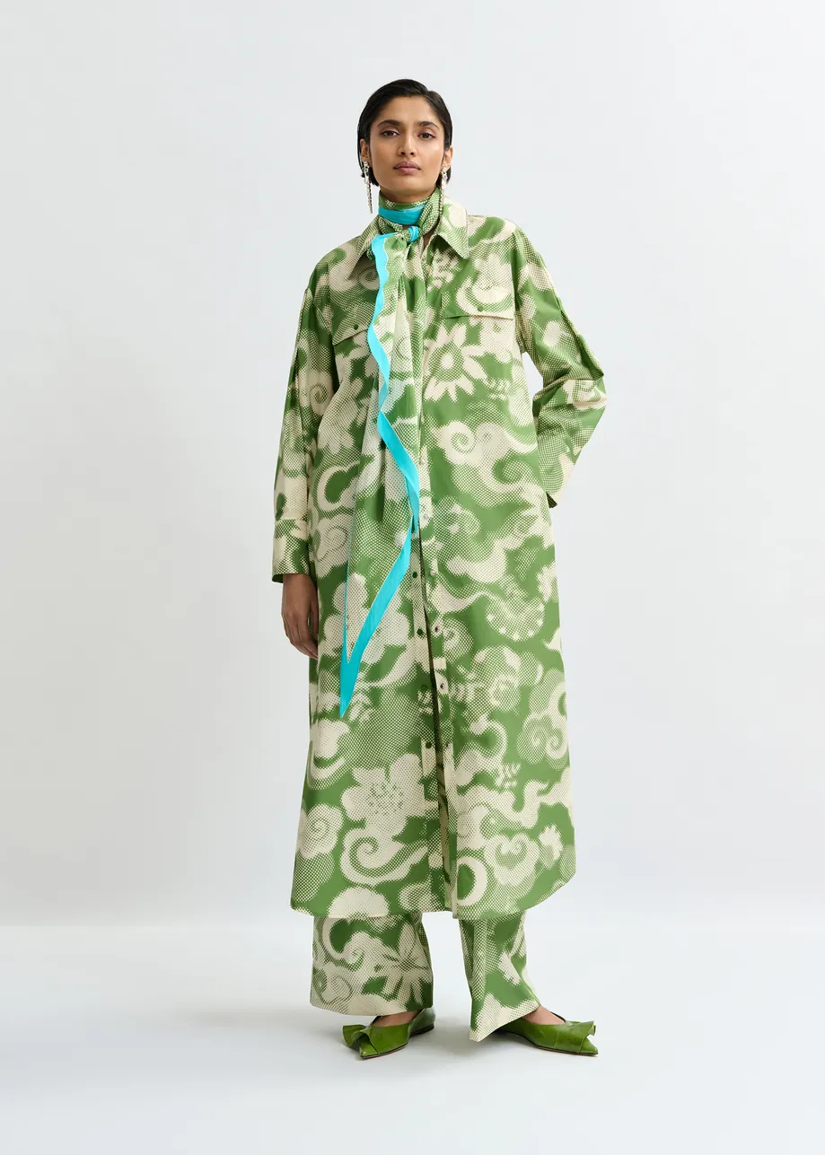 Groene en crèmekleurig katoenmix hemdjurk met bloemenprint