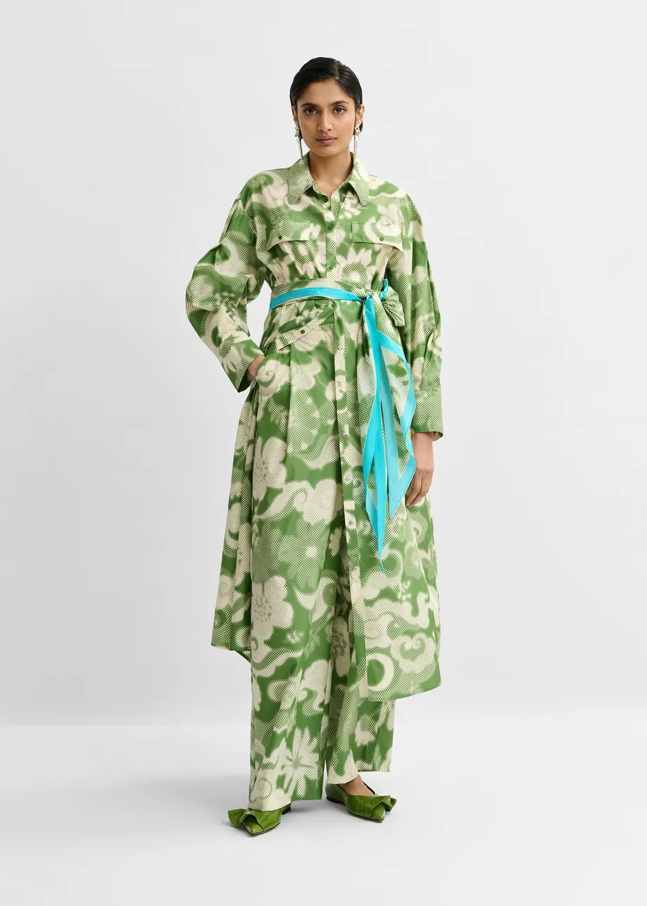 Green and cream cotton-blend floral-print shirt dress