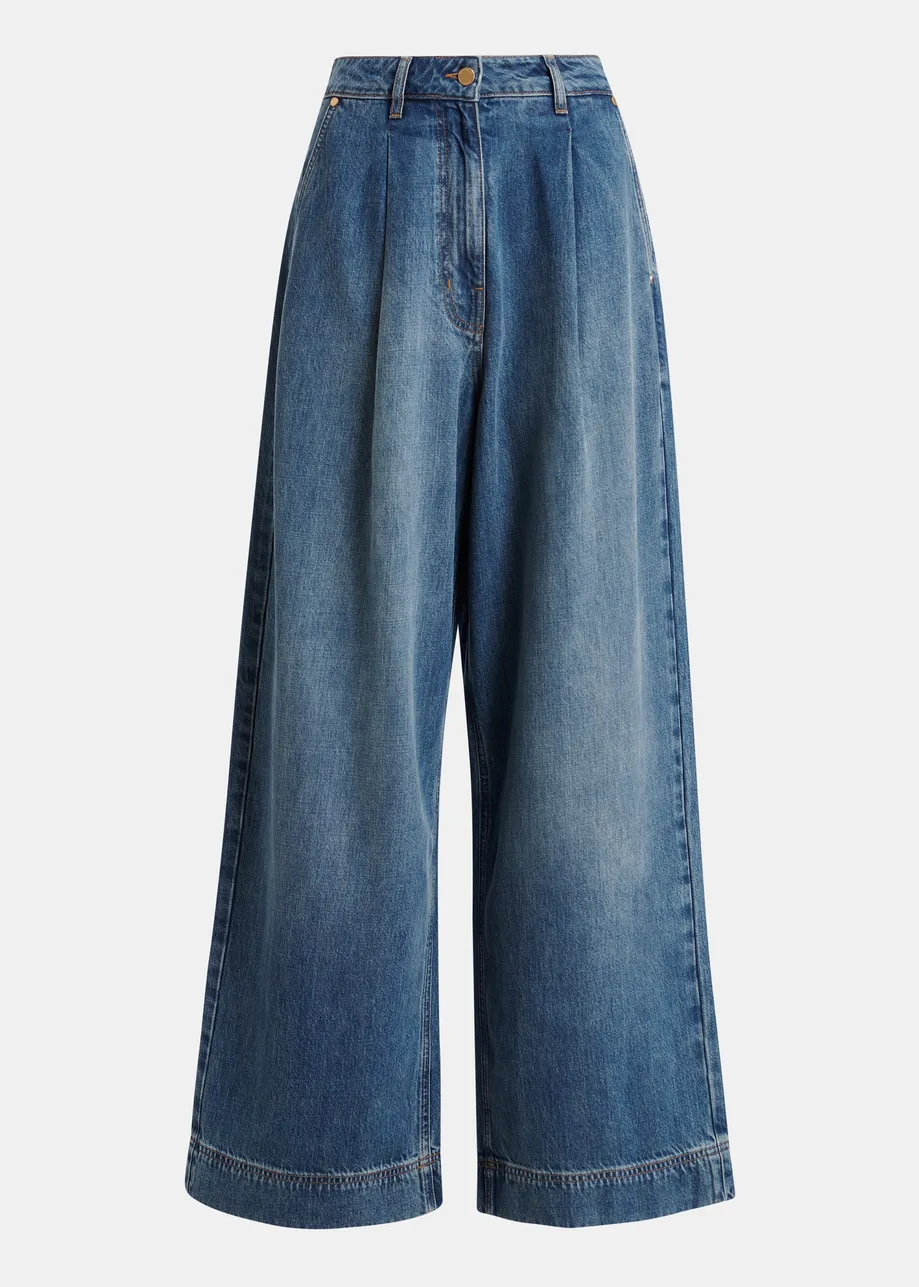 Blauwe biokatoenmix jeans met brede pijp