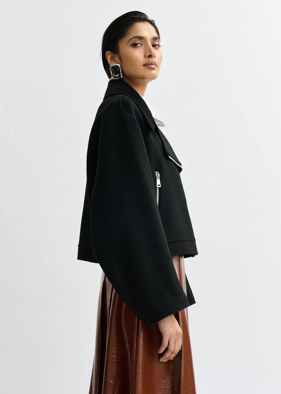 Zwarte tweezijdige jas in wol