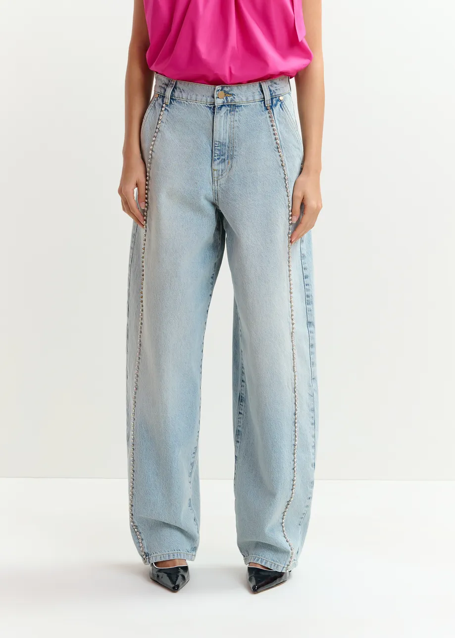 Light blue balloon-leg jeans with silver rhinestone side trim