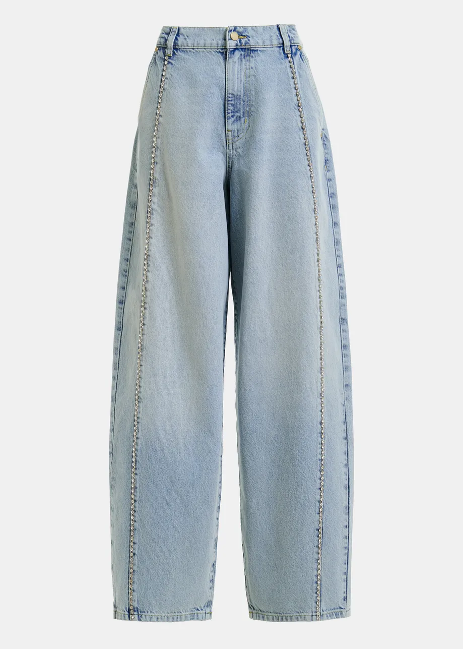 Light blue balloon-leg jeans with silver rhinestone side trim