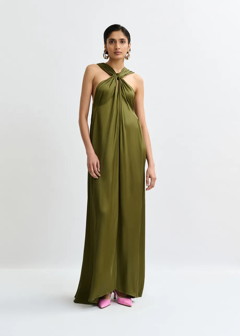 Khaki A-line halterneck maxi dress with crossover straps