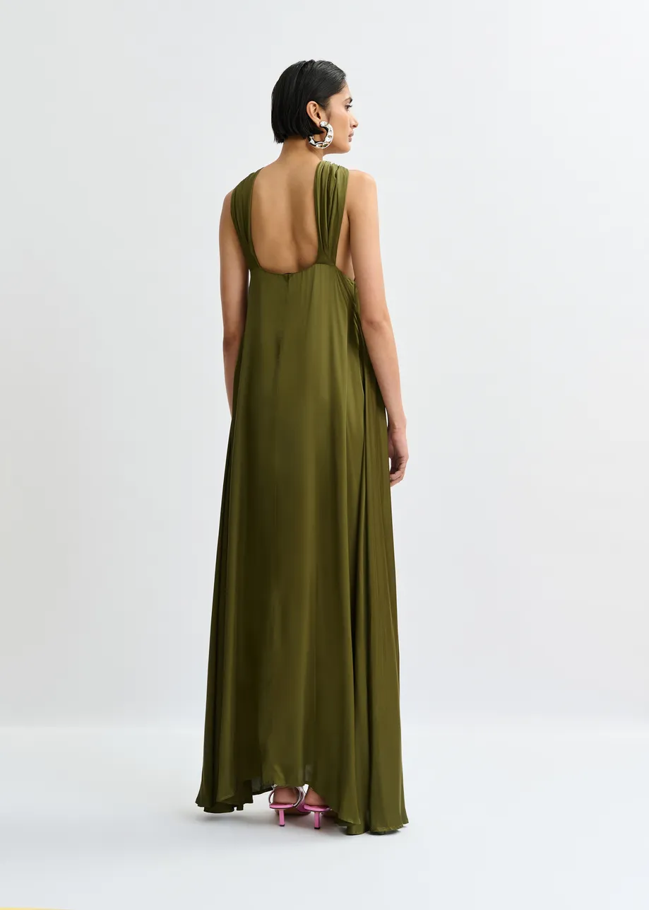 Khaki A-line halterneck maxi dress with crossover straps