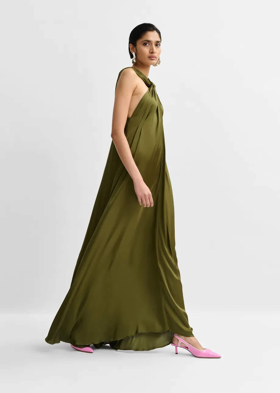 Khaki A-line halterneck maxi dress with crossover straps