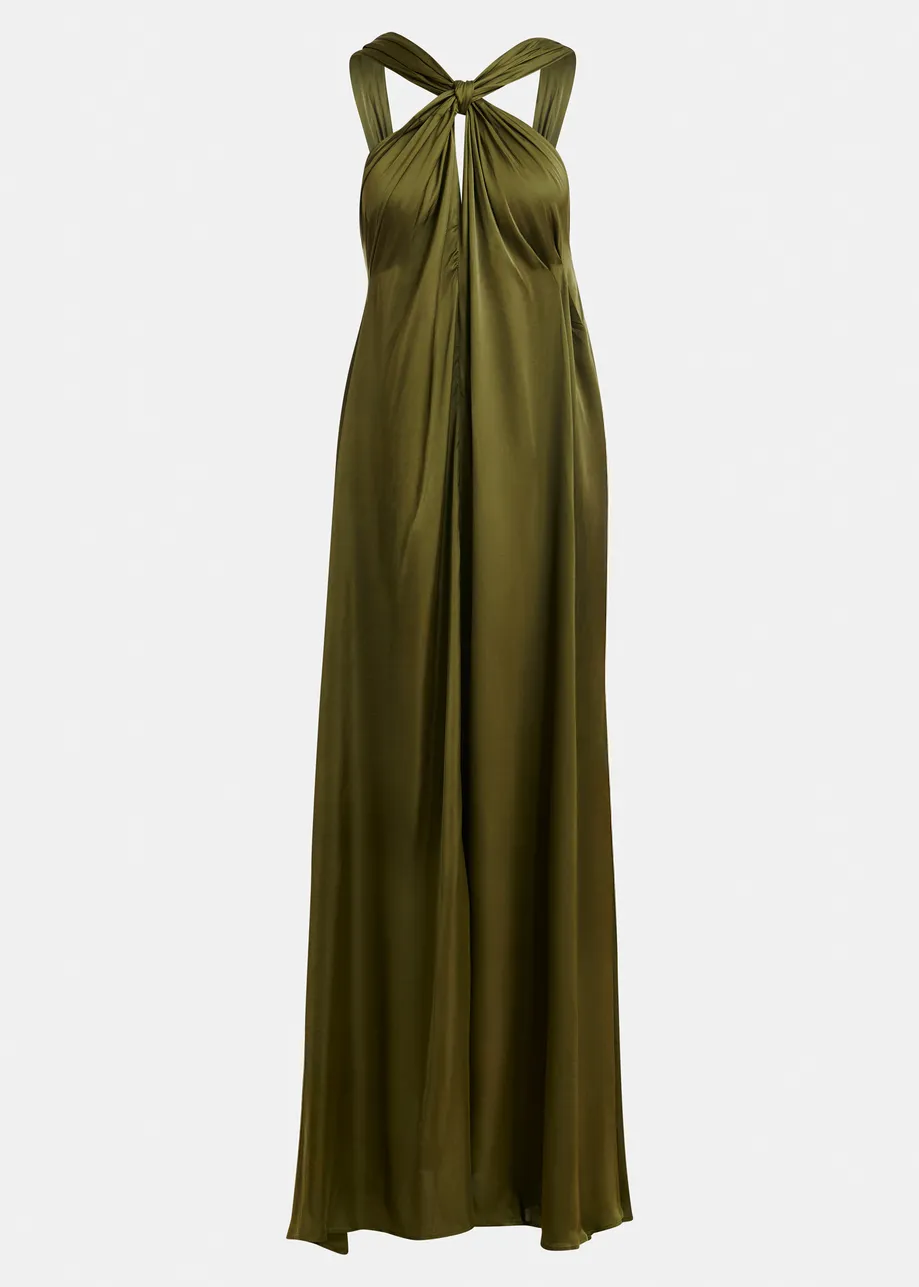Khaki A-line halterneck maxi dress with crossover straps