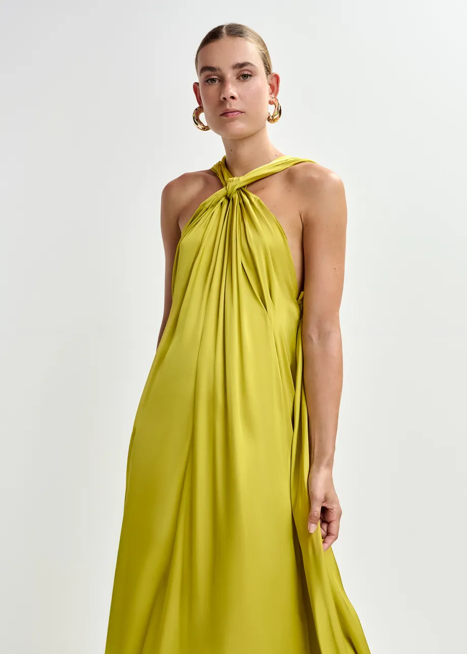 Ocher A-line halterneck maxi dress with crossover straps
