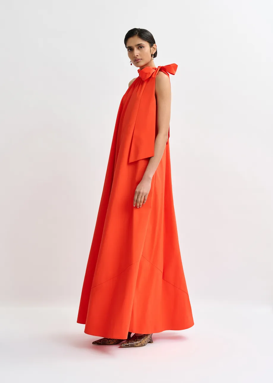 Orange high neck maxi dress with knot detail