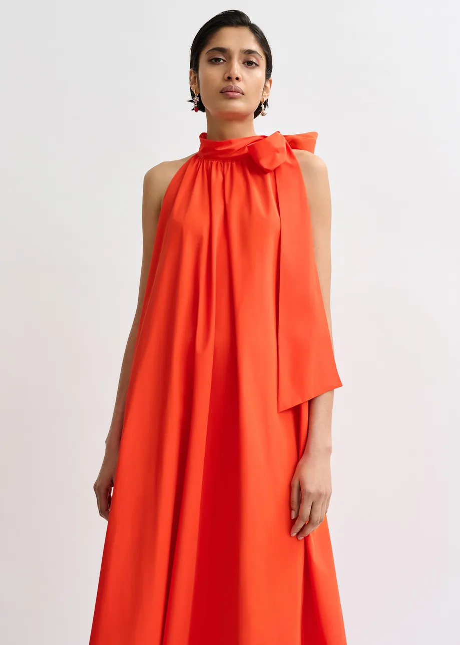 Orange high neck maxi dress with knot detail