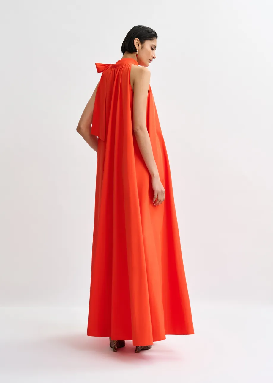 Orange high neck maxi dress with knot detail