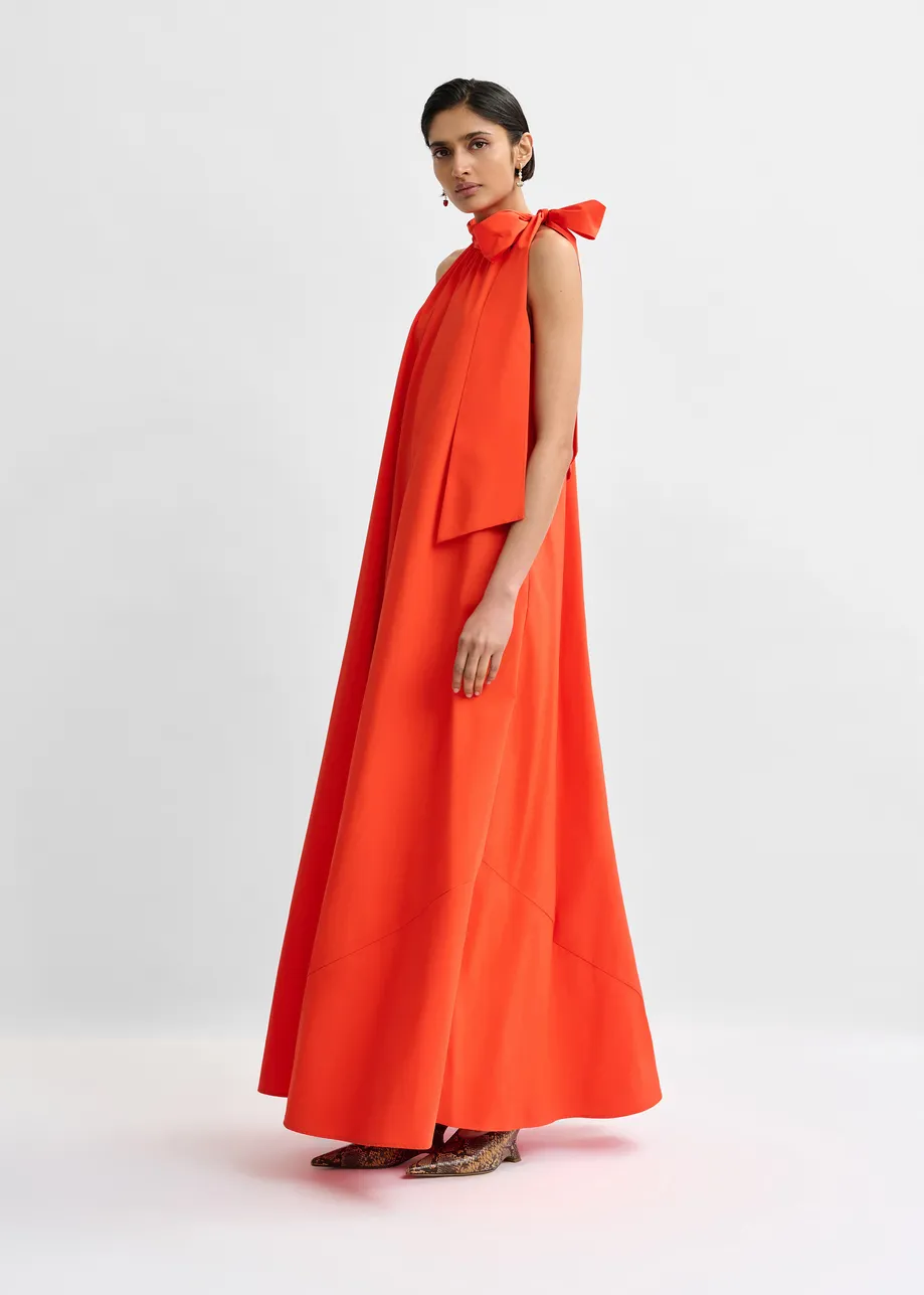 Orange high neck maxi dress with knot detail