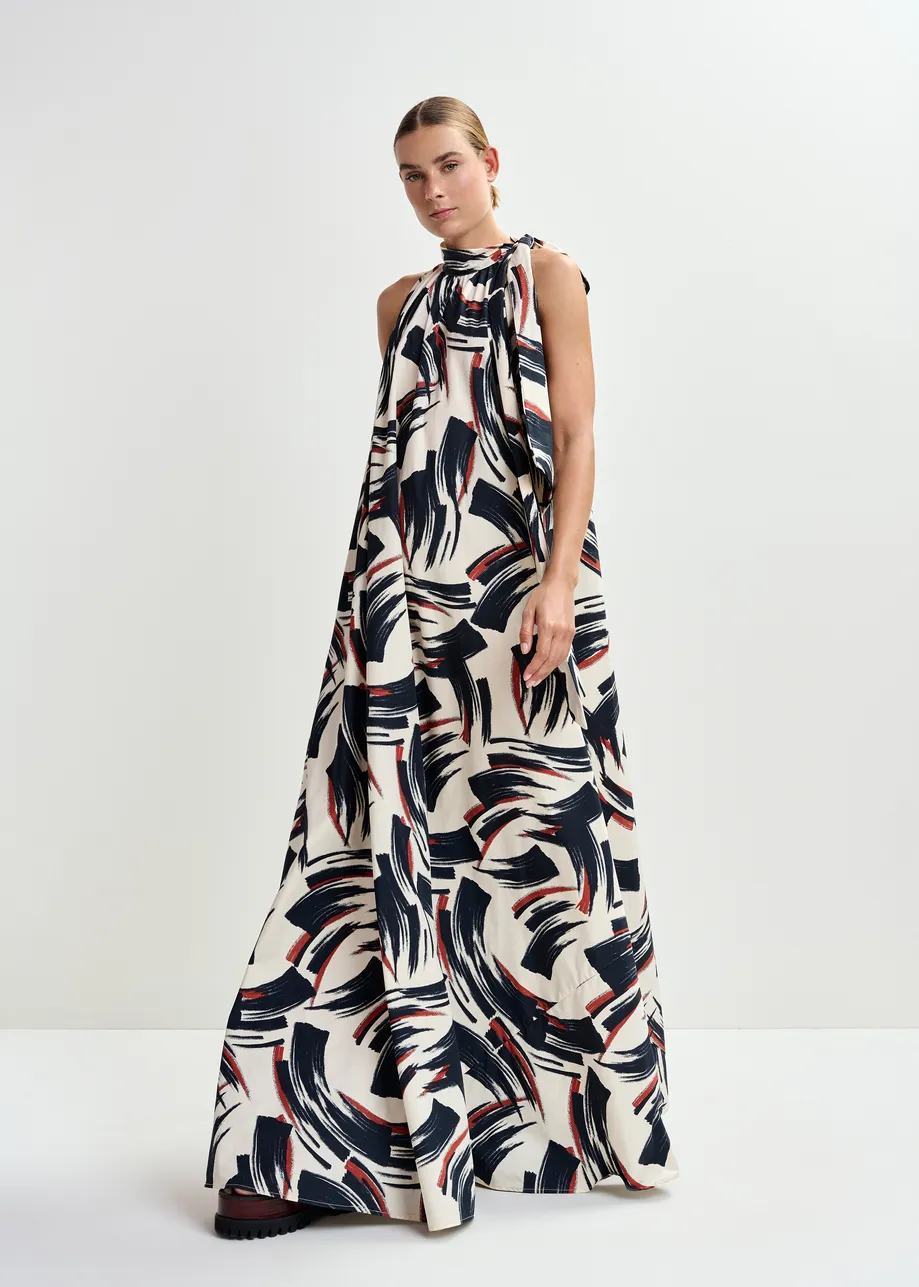 Off-white, black and brown high neck maxi dress with knot detail